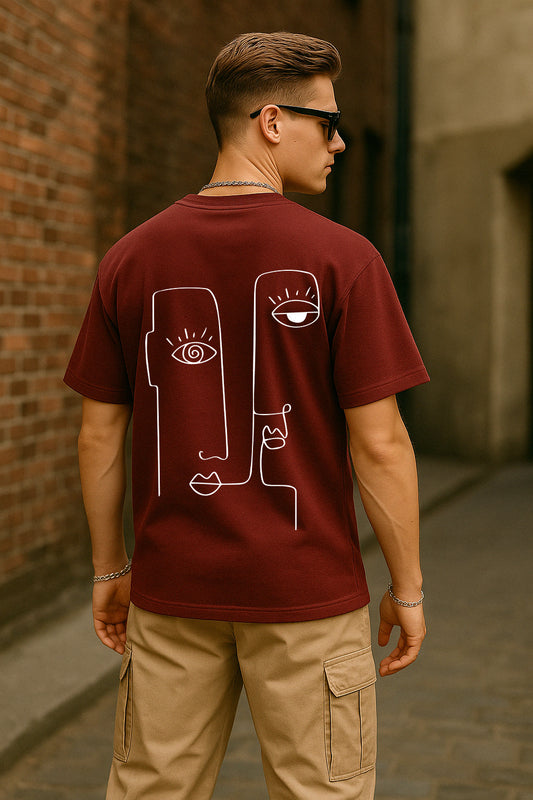 ABSTRACT LINE ART PRINTED ORIGINAL OVERSIZED TEE MAROON